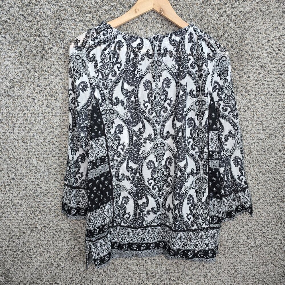 Lucky Brand Top Womens Medium Black Paisley Print Peasant Blouse Casual Neck Tie - Picture 7 of 7